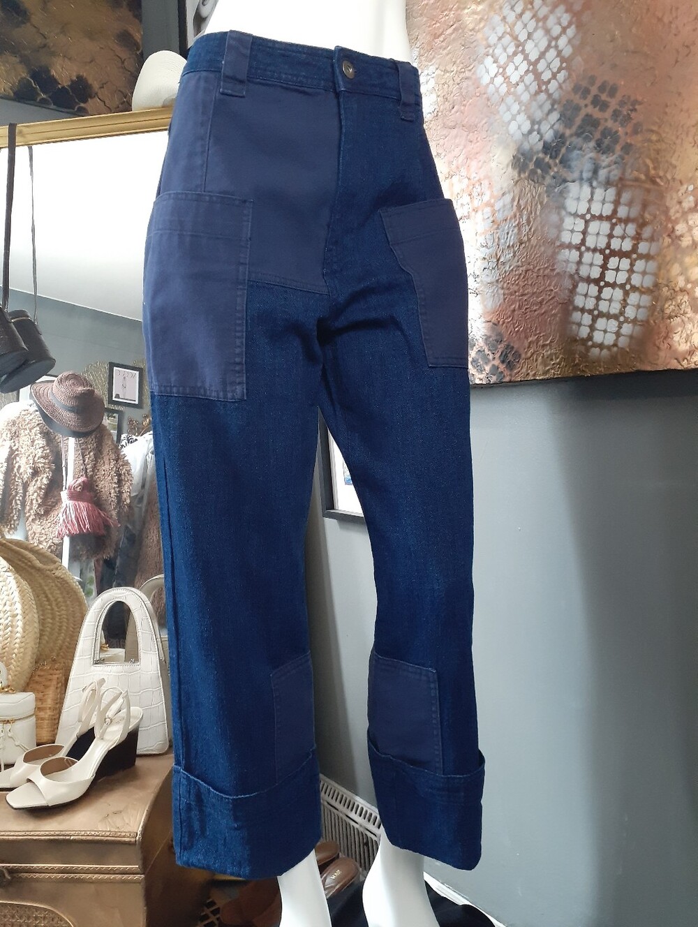 Zara Two-Tone Navy Patchwork Cropped Jeans